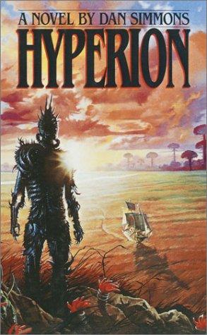 Cover of the Bantam Spectra paperback edition of Hyperion by Dan Simmons, showing a lone armored figure silhouetted against an orange sunset over an alien plain, with a distant ship on the horizon