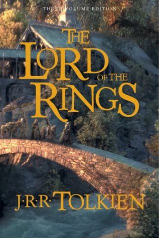 Cover of the three-volume edition of The Lord of the Rings by J.R.R. Tolkien, showing a stone bridge over a river in autumn light with tiny travelers crossing beneath a cottage roofline