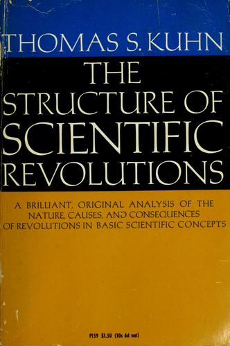 Cover of the 1962 University of Chicago Press paperback edition of The Structure of Scientific Revolutions by Thomas S. Kuhn, blue and mustard-yellow blocks of type on a plain white background