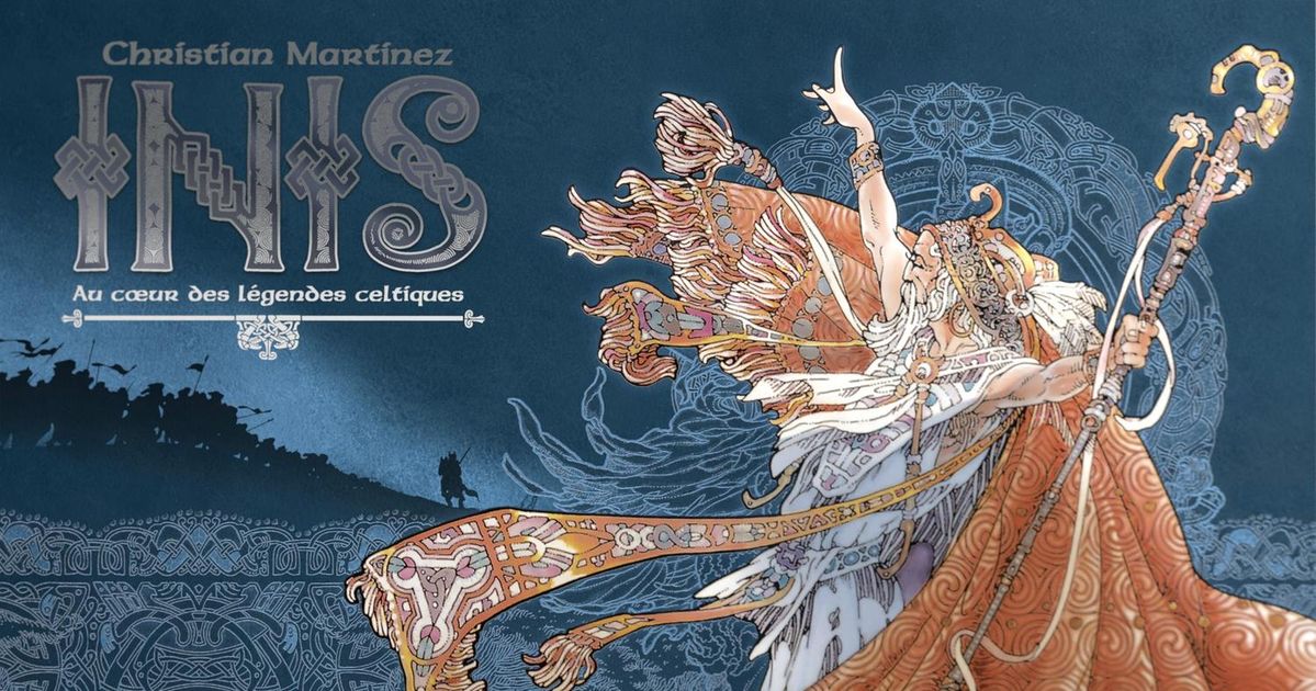 Cover art for Inis showing an ornately armored Celtic warrior woman mid-motion holding an intricately decorated staff, rendered in detailed ink and watercolor against a dark blue background