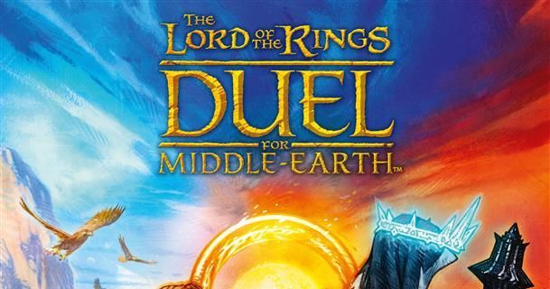 Cover art for The Lord of the Rings: Duel for Middle-earth, showing painted mountain landscapes split between blue daylight and orange sunset skies with an eagle in flight and a glowing golden ring at the center