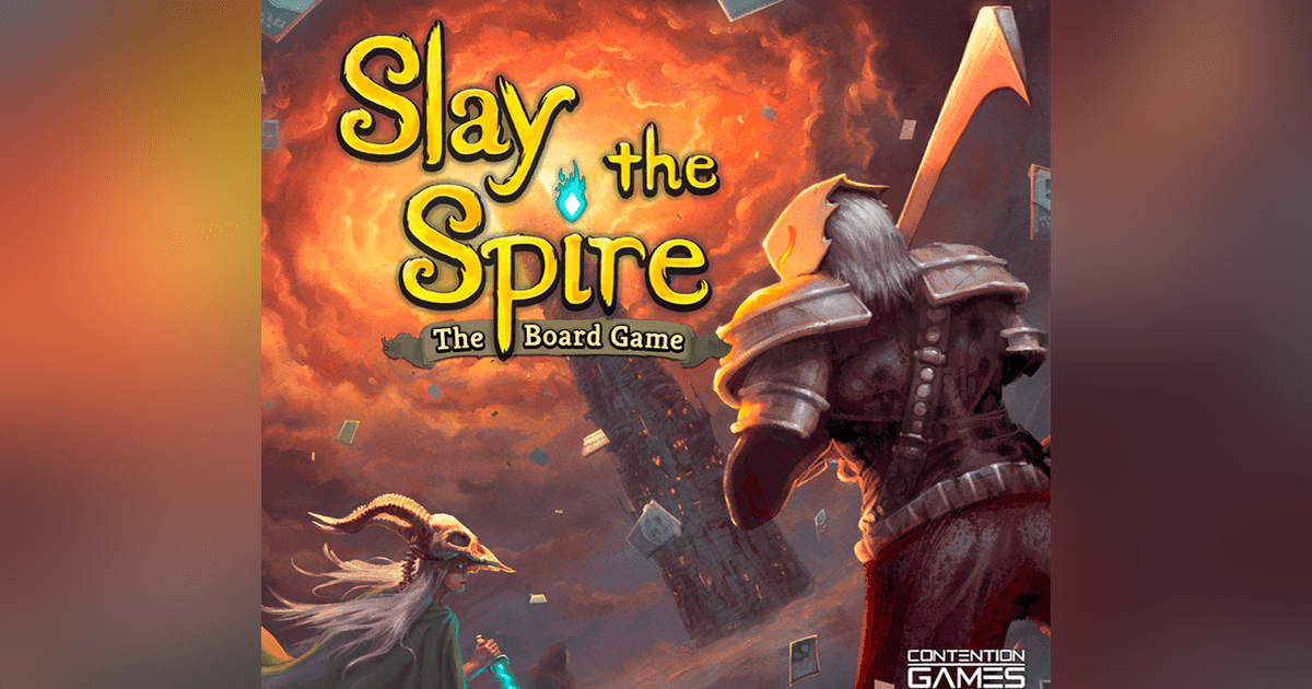 Cover art for Slay the Spire: The Board Game, showing a horned mercenary in ornate armor confronting a robed skull-masked figure before a distant crumbling spire, with cards scattered in the swirling sky