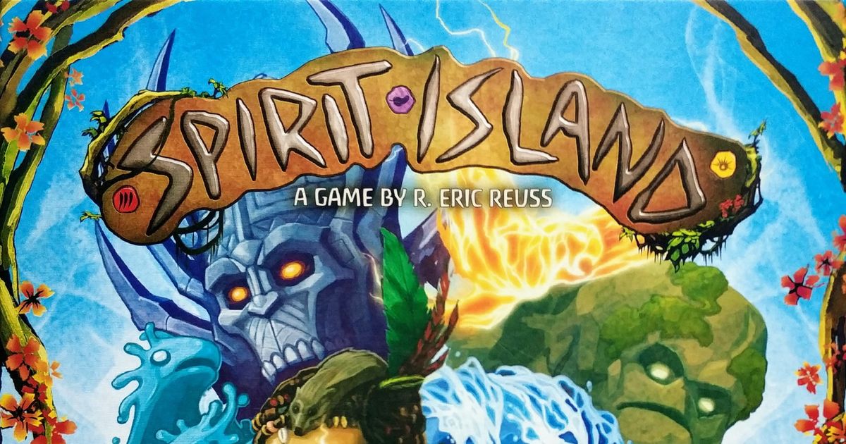 Cover art for Spirit Island showing four spirit faces made of stone, water, fire and earth surrounding the game's carved wooden logo against a bright blue sky